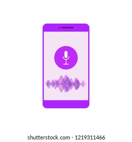 Voice control and speech recognition mobile app. Vector concept colorful illustration with mobile phone, sound symbol, microphone button, voice and sound line on white background.