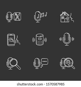 Voice control system chalk icons set. Sound requests idea. Different microphones. Music recognition, sound record. Virtual asisstance, standart voice commands. Isolated vector chalkboard illustrations