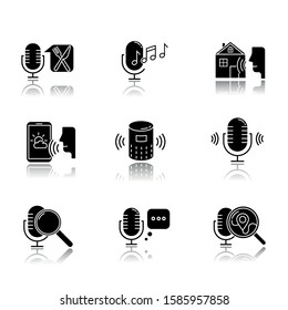 Voice control system drop shadow black glyph icons set. Sound requests idea. Different microphones. Music recognition, sound record. Virtual asisstance, voice commands. Isolated vector illustrations