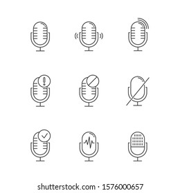Voice control system linear icons set. Different microphones. Music recognition, sound record. Virtual asisstance. Thin line contour symbols. Isolated vector outline illustrations. Editable stroke