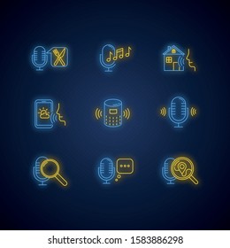 Voice Control System Neon Light Icons Set. Sound Requests Idea. Different Microphones. Music Recognition. Virtual Asisstance, Standart Voice Commands. Glowing Signs. Vector Isolated Illustrations