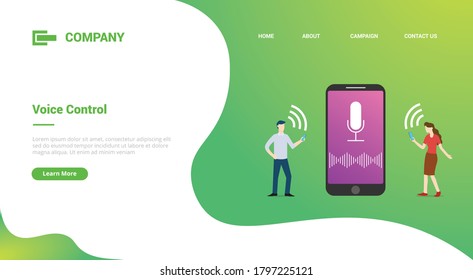 concepto de tecnología de control de voz con smartphone y personas para plantilla de sitio web o banner de plantilla de página de inicio de aterrizaje