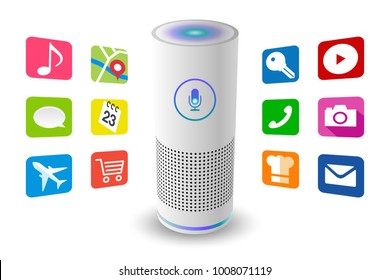 Voice Control User Interface Smart Speaker White Color Vector Illustration.