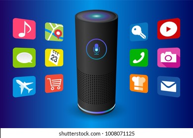 Voice Control User Interface Smart Speaker Black Color Vector Illustration.