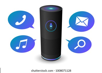 Voice Control User Interface Smart Speaker Black Color Vector Illustration.