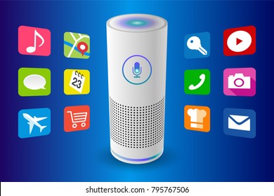 Voice Control User Interface Smart Speaker White Color Vector Illustration.