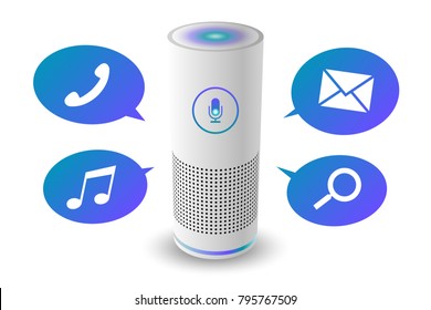 Voice Control User Interface Smart Speaker White Color Vector Illustration.