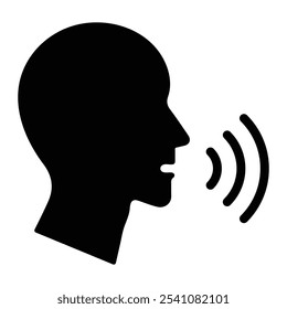 Voice control vector icon. Voice recognition concept. Speaking symbol. Talk person sign, man with open mouth and sound wave. Speech command pictogram.