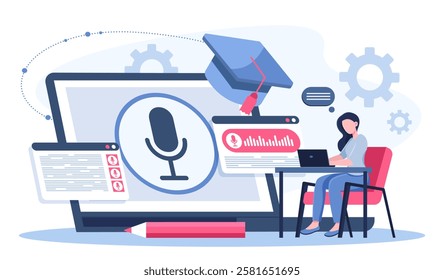 Voice controlled assistant. Woman with laptop types using her voice. Neural network, artificial intelligence and machine learning. Virtual helper. Flat vector illustration