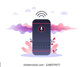 Voice controlled smart speaker or voice assistant. Voice activated digital assistants, home automation hub, internet of things concept, violet palette. Vector concept illustration.