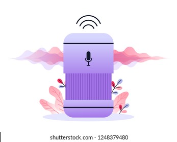 Voice controlled smart speaker or voice assistant. Voice activated digital assistants, home automation hub, internet of things concept, violet palette. Vector concept illustration.