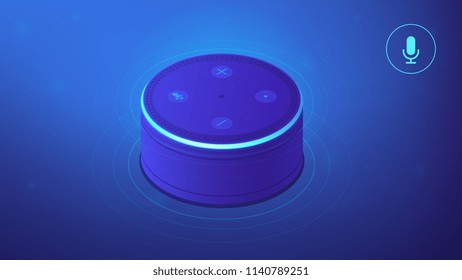 Voice controlled smart speaker. Smart home office main controlling hub. IoT technology and voice controlled digital devices concept. Blue violet background. Vector 3d isometric illustration.