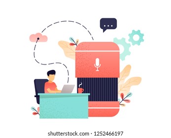 Voice controlled smart speaker and user talking. Smart home office main controlling hub, IoT technology and voice controlled digital devices concept, coral palette. Vector isolated illustration.