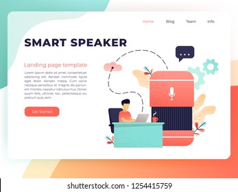 Voice controlled smart speaker and user talking. Smart home office main controlling hub, IoT technology and voice controlled digital devices concept, coral palette. Vector landing page template.