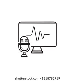 Tv inteligente de control de voz y icono del doodle dibujado a mano con un micrófono. Reconocimiento de voz, concepto de hogar inteligente. Ilustración vectorial para impresión, web, móvil e infografía sobre fondo blanco.