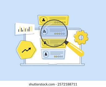 Voice of customer programs. Voc speech bubbles, customer interviews and feedback loops showcasing businesses gathering insights to improve their products and services. Outline vector illustration