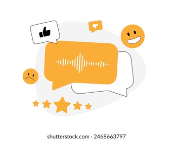 Voice of Customer - VoC data collects customer feedback. VoC analysis, survey and insights visual. Customer experience feedback flat vector illustration with icon. e-Commerce Voice Search Optimization