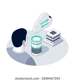 Voice Data Flow – From User to Smart Speaker, Cloud and Server. Isometric illustration. AI Voice Assistant in Action. Man is talking to a smart speaker. Character makes a Voice Prompt