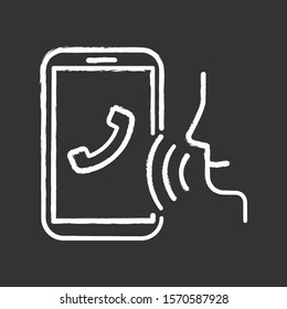 Voice dialing chalk icon. Smartphone call idea. Voice control, speech recognition. Phone conversation. Cellphone function, dialogue. Sound command system. Isolated vector chalkboard illustration