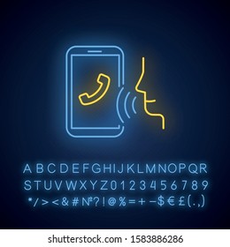 Voice dialing neon light icon. Smartphone call idea. Voice control, speech recognition. Phone conversation. Glowing sign with alphabet, numbers and symbols. Vector isolated illustration