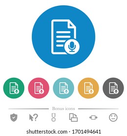 Voice document flat white icons on round color backgrounds. 6 bonus icons included.
