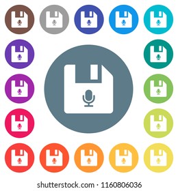 Voice file flat white icons on round color backgrounds. 17 background color variations are included.
