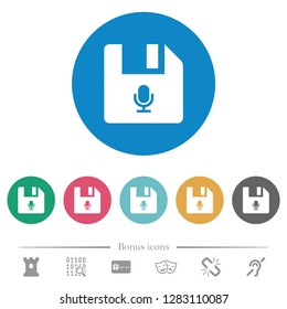 Voice file flat white icons on round color backgrounds. 6 bonus icons included.