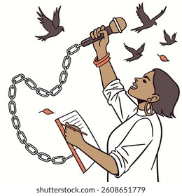 Voice of Freedom: An artistic depiction of empowerment and liberation, with a woman breaking free from constraints through the power of her voice and words