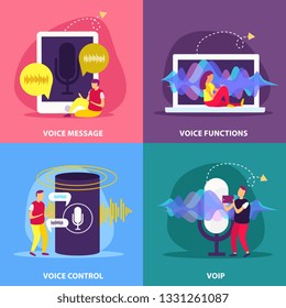 Voice functions 2x2 design concept set of recognition communication message control in smart home flat vector illustration