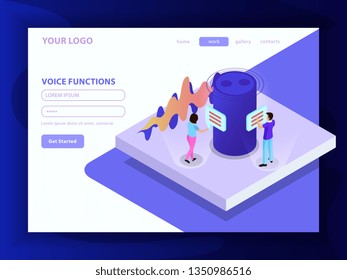 Composición de funciones de voz en formato de página de inicio con altavoz inteligente y personas que se comunican mediante mensajes de voz ilustraciones vectoriales isométricas