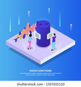 Voice functions isometric background with pair of young people conducting virtual dialogue near home speaker assistant big icon vector illustration