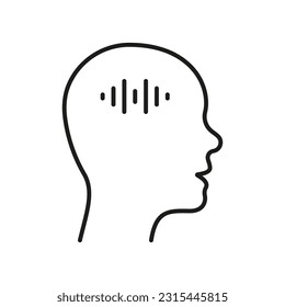 Voice in Human Head Line Symbol. Selbstgespräch, Mensch, der ein lineares Piktogramm denkt. Hören Sie auf das Symbol der inneren Stimme Waves der Rahmenlinie. Psychischer Sound, interner Dialog. Bearbeitbarer Stroke. Einzelne Vektorgrafik.