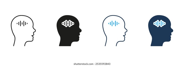 Stimme in Human Head Line und Silhouette Icon Set. Selbstgespräch, denkender Mann, Piktogramm. Hören Sie das innere Stimmwellen-Symbol. Interner Dialog. Bearbeitbarer Strich. Isolierte Vektorgrafik.