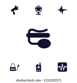 Voice icon. collection of 7 voice filled icons such as pin microphone, microphone, music equalizer, walkie talkie. editable voice icons for web and mobile.