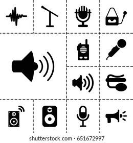 Voice icon. set of 13 filled voiceicons such as volume, microphone, pin microphone, music equalizer, speaker, megaphone, music loudspeaker