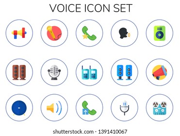 voice icon set. 15 flat voice icons.  Collection Of - megaphone, speaker, singing, microphone, phone call, walkie talkies, speak, speakers, volume, recorder