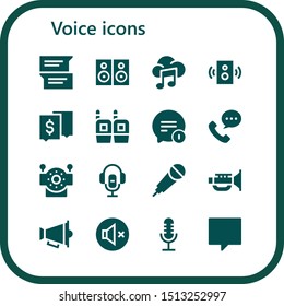 Voice Icon Set. 16 Filled Voice Icons.  Collection Of - Chat, Speakers, Music, Speaker, Walkie Talkie, Phone Call, Robot, Voice Recorder, Karaoke, Jazz, Mute, Microphone Icons