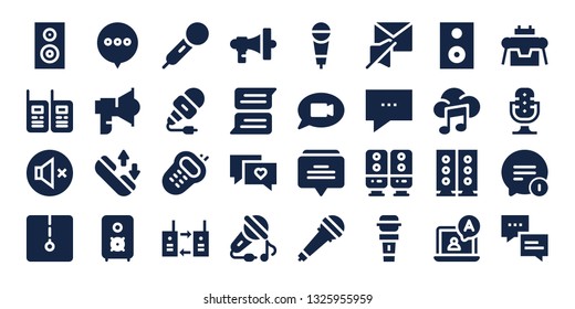 voice icon set. 32 filled voice icons. on blue background style Collection Of - Woofer, Walkie talkies, Mute, Chat, Loudspeaker, Phone call, Speaker, Microphone, Walkie, Walkie talkie