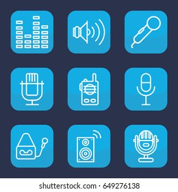 Voice icon. set of 9 outline voice icons such as microphone, equalizer, volume, music loudspeaker