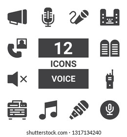 voice icon set. Collection of 12 filled voice icons included Recording, Microphone, Music, Amplifier, Walkie talkie, Mute, Commandments, Phone call, Megaphone, Karaoke