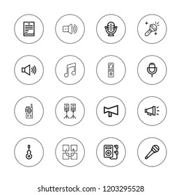Voice icon set. collection of 16 outline voice icons with displace, dictaphone, instrument, megaphone, microphone, music, sound, speaker, speakers, text lines icons.