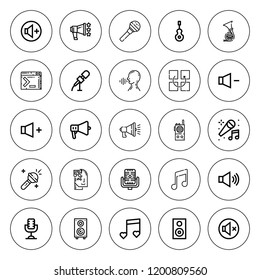 Voice icon set. collection of 25 outline voice icons with command, displace, horn, instrument, karaoke, megaphone, microphone, music, mute, speaker icons. editable icons.