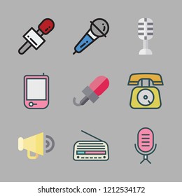 voice icon set. vector set about microphone, radio, megaphone and telephone icons set.