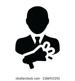 Voice icon vector male person profile avatar symbol with megaphone for advice in glyph pictogram illustration