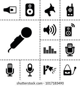 Voice icons. set of 13 editable filled voice icons such as microphone, volume, speaker, music loudspeaker, walkie talkie, equalizer