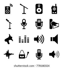 Voice icons. set of 16 editable filled voice icons such as microphone, volume, equalizer, megaphone, music equalizer, speaker, music loudspeaker