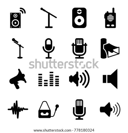 Voice icons. set of 16 editable filled voice icons such as microphone, volume, equalizer, megaphone, music equalizer, speaker, music loudspeaker