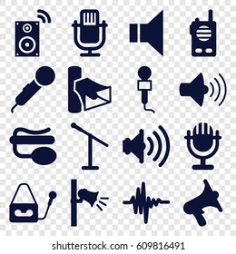 Voice icons set. set of 16 voice filled icons such as microphone, volume, pin microphone, megaphone, music equalizer, music loudspeaker
