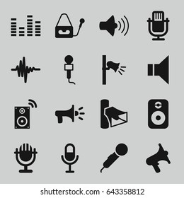 Voice icons set. set of 16 voice filled icons such as microphone, volume, equalizer, megaphone, music equalizer, speaker