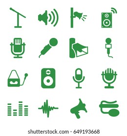 Voice icons set. set of 16 voice filled icons such as microphone, volume, pin microphone, equalizer, music equalizer, megaphone, speaker